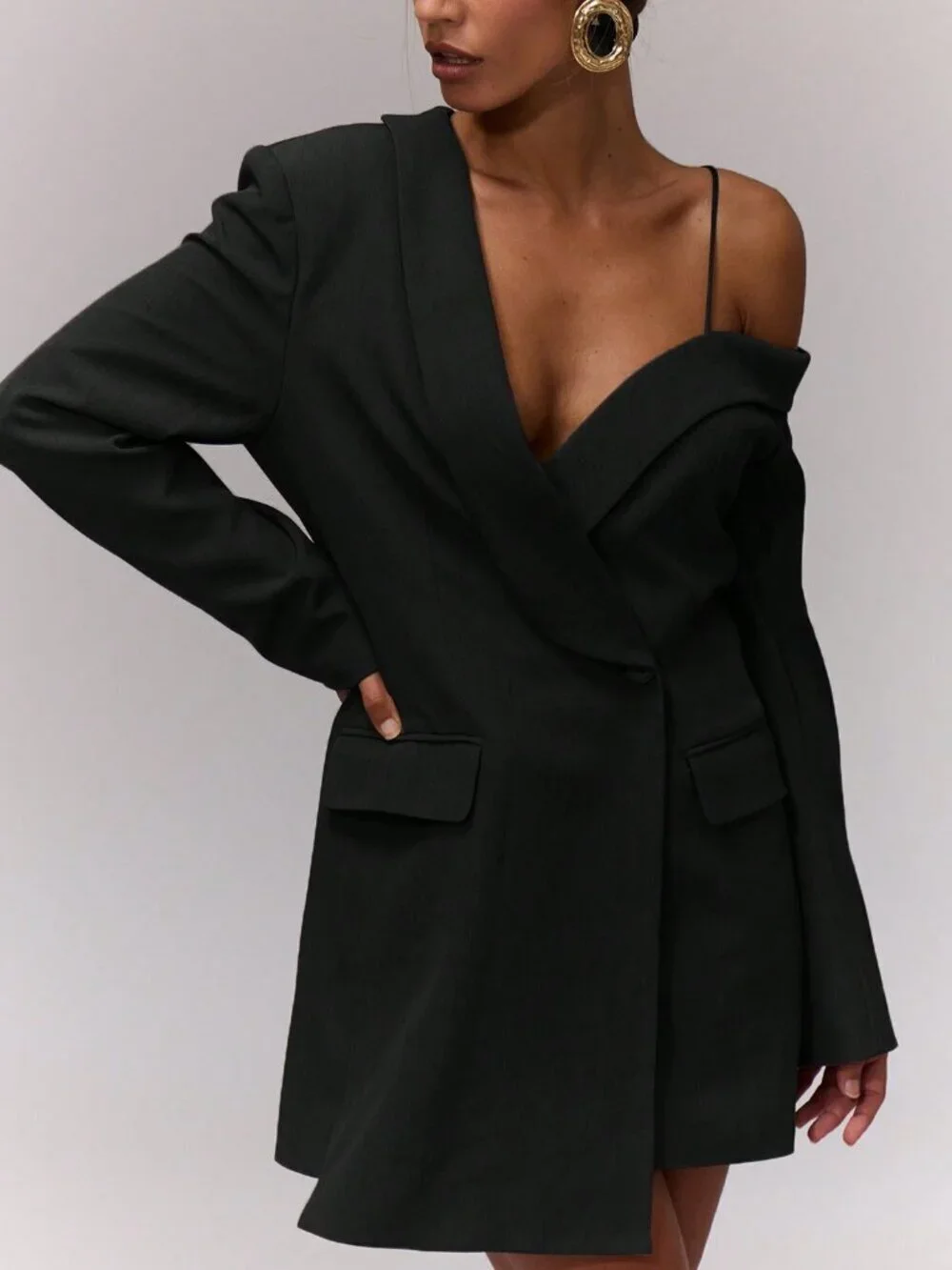 Black Elegant Women's Asymmetric Mini Blazer Dress